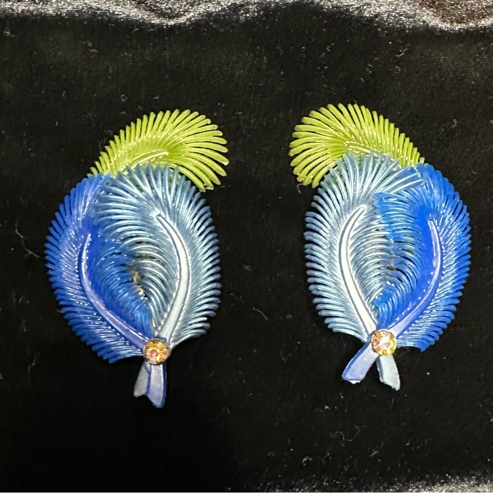 Vintage Blue and Green Feather Earrings